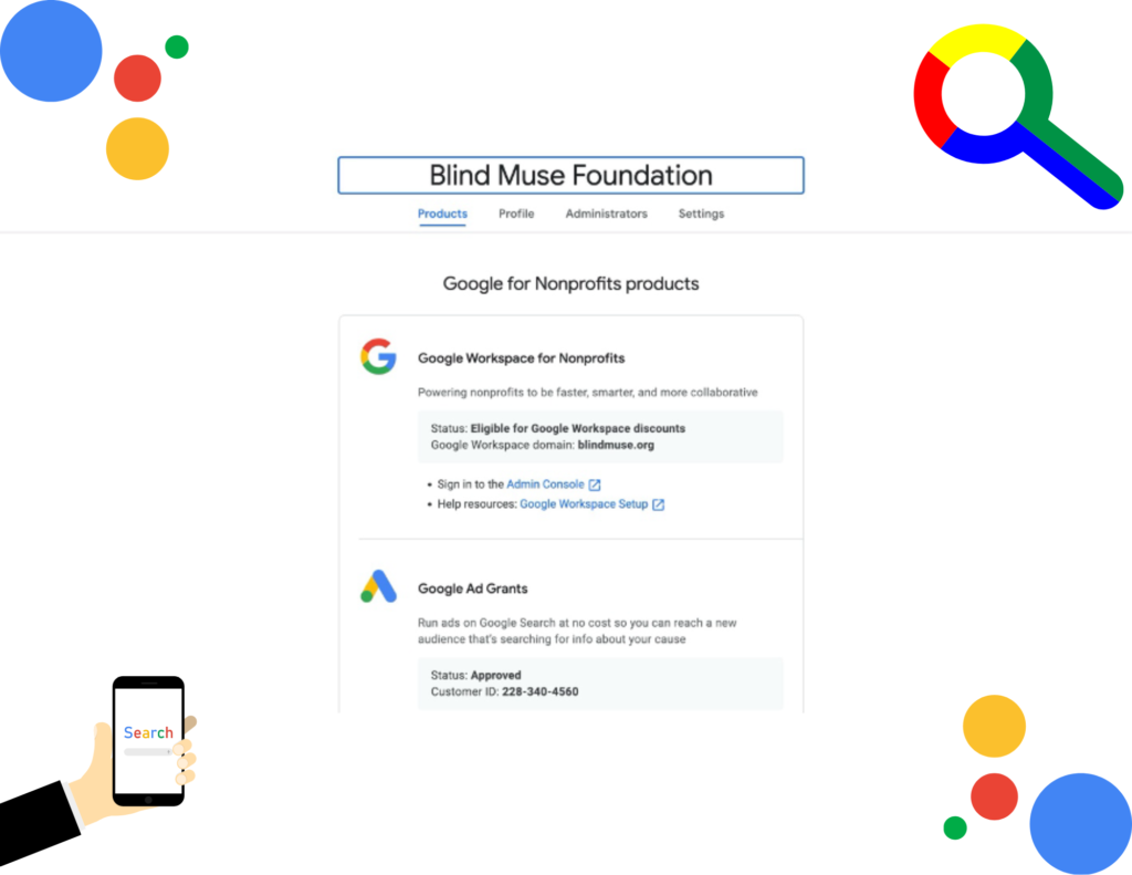 Blind Muse Foundation, Google for Non-profits. Google Ad Grants Status: Approved Customer ID 228-340-4560
