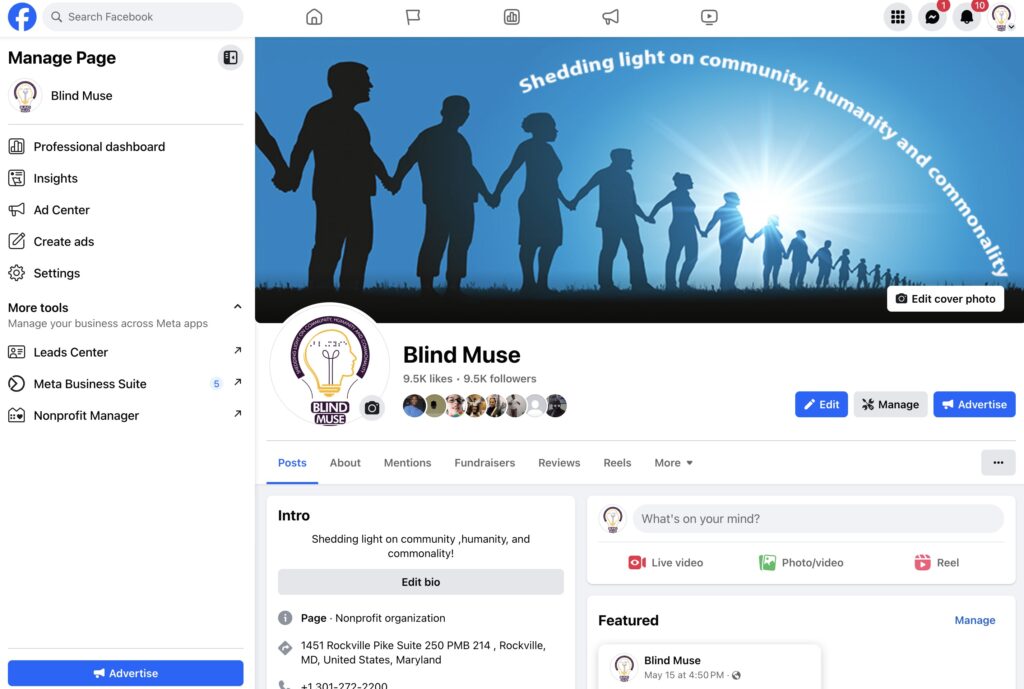 Blind Muse Foundation Facebook Admin screen: 9.5K likes, 9.5k followers