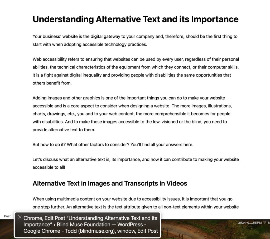 Screenshot: Chrome, edit post"Understanding alternative Text and its importance" Blind Muse Foundation, Wordpress, Google Chrome - Todd(blindmuse.org), windo, edit post