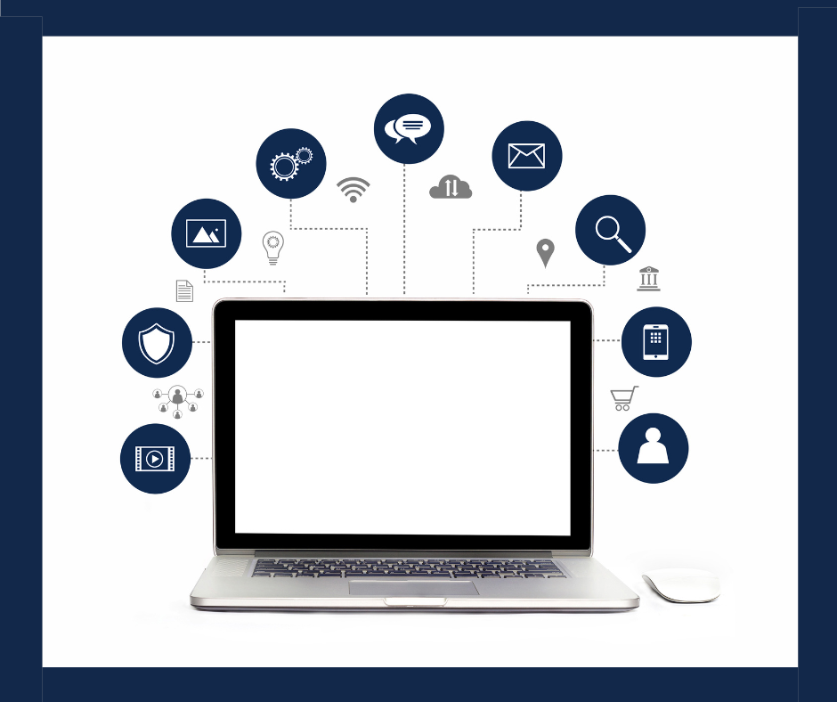 A open laptop with various icons floating in the perimeter. Movie icon, picture icon, speech bubble icon, document icon, email icon
