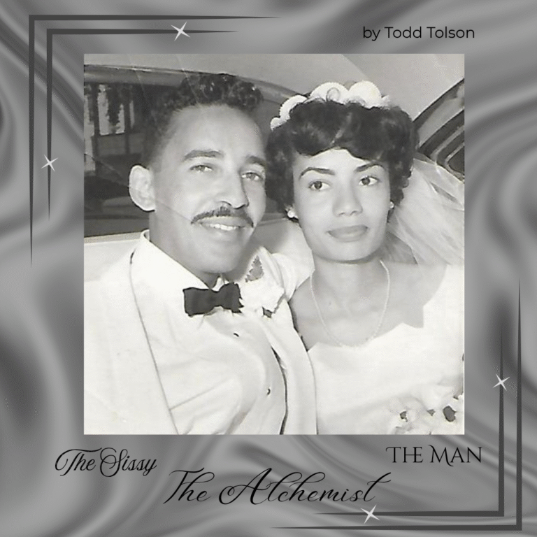 A timeless black-and-white photo of my parents on their wedding day, captured in the back of a car. My dad, sharp in a white tuxedo with a black bow tie, sits beside my mom, radiant in her wedding dress, a delicate string of pearls at her neck. Her short hair frames her face, her veil trailing behind, pearl earrings catching the light.